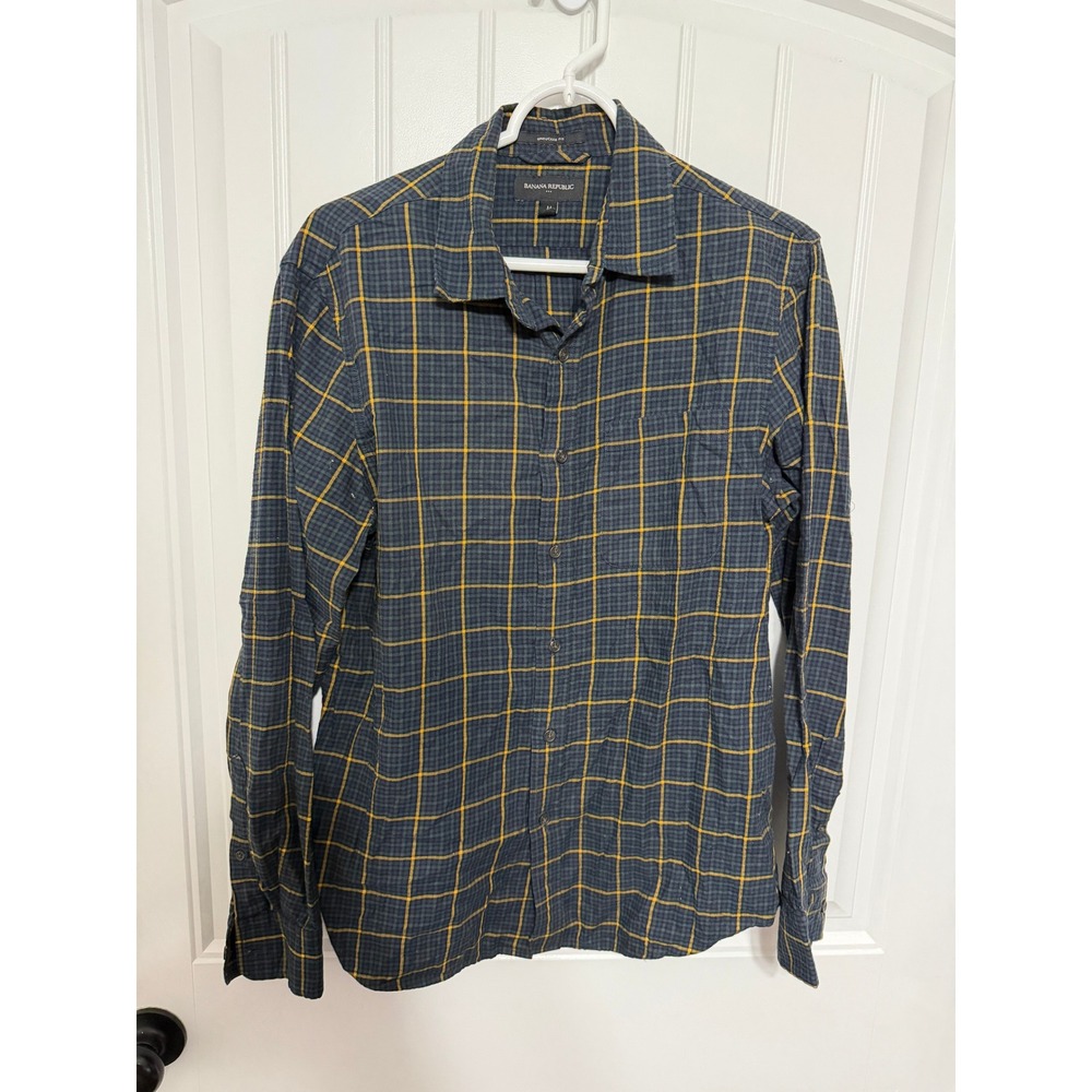 Banana Republic Shirt Mens Medium Untucked Fit Plaid Cotton Button Down EUC
